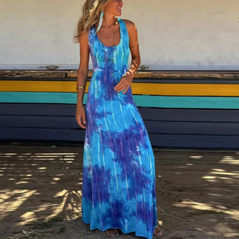 Robe longue d'été sexy, robes de plage d'été pour femmes, élégante robe de soirée imprimée tie-dye sans dos 2024