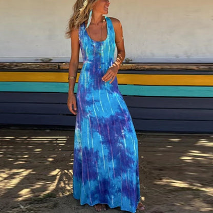 Robe longue d'été sexy, robes de plage d'été pour femmes, élégante robe de soirée imprimée tie-dye sans dos 2024
