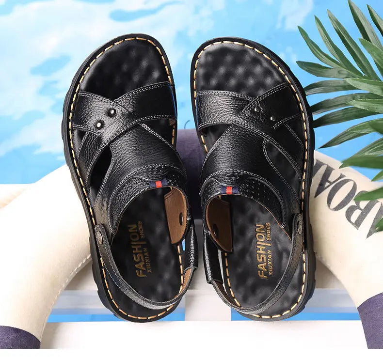 Herren-Ledersandalen für den Sommer, rutschfeste Herrenschuhe aus echtem Leder, Hausschuhe, Strandschuhe mit dicker Sohle für draußen, bequeme, weiche Herren-Sandalen
