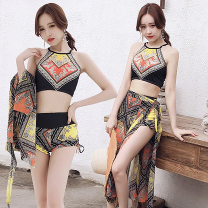 Damen Bikini Set Vintage Boho Print Neckholder Crop Top mit High Waist Shorts Wickel-Pareo Cover Up Strand Badeanzug Bademode