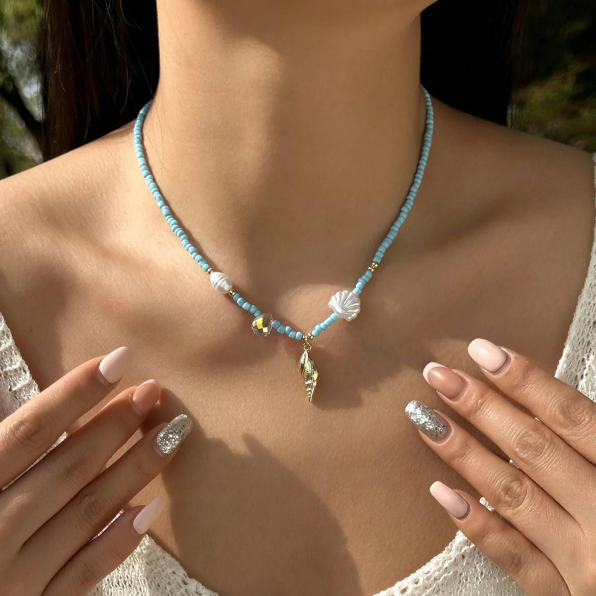 Collana con ciondolo stella marina con perline di riso bohémien per donna, fatta a mano, perla d'imitazione, girocollo con perline colorate, gioielli da spiaggia estiva