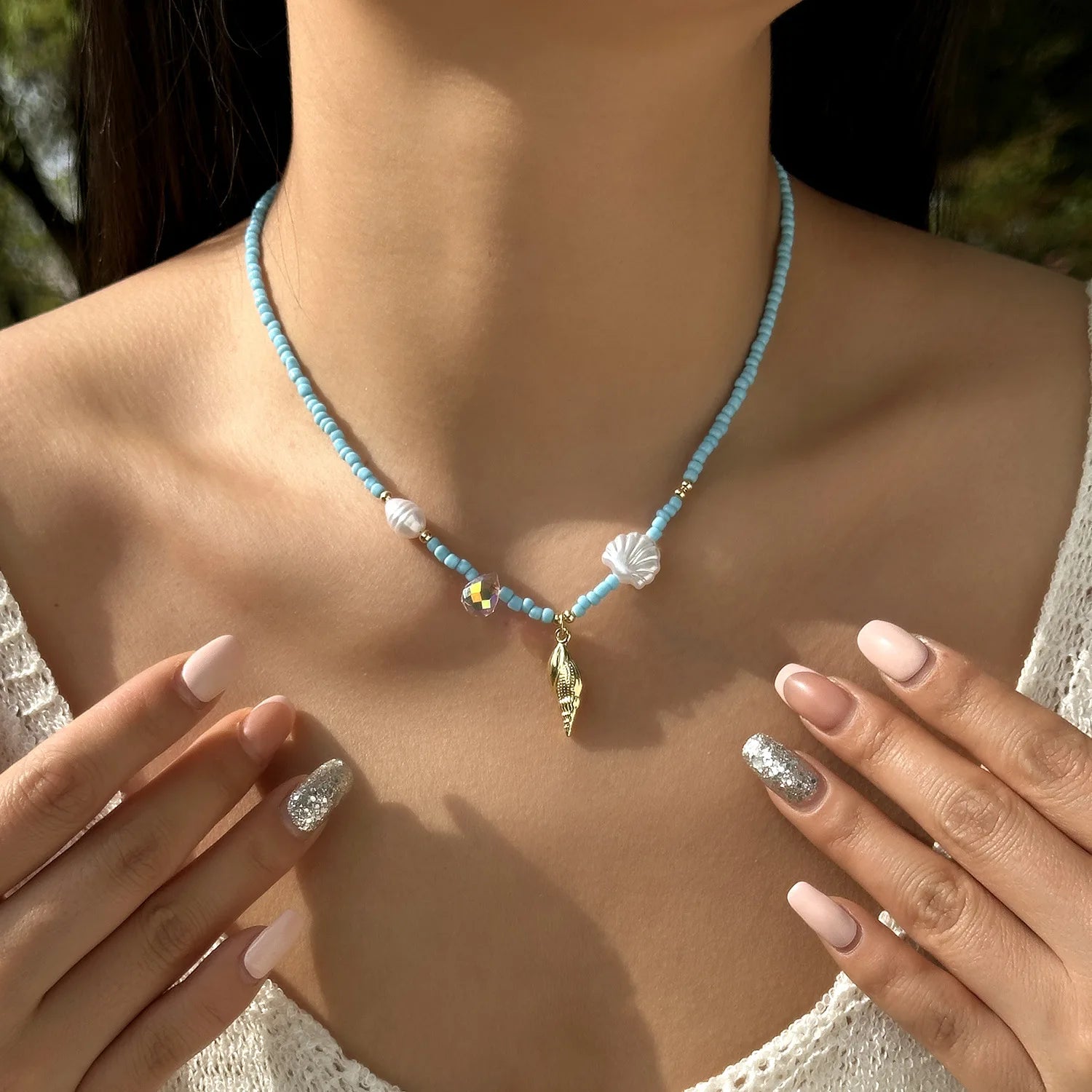 Collana con ciondolo stella marina con perline di riso bohémien per donna, fatta a mano, perla d'imitazione, girocollo con perline colorate, gioielli da spiaggia estiva