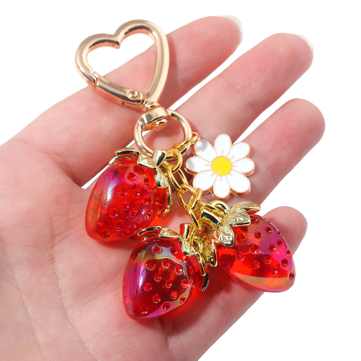 Simpatico portachiavi con ciondolo a forma di borsa con fragola, cuore Kawaii, fiore, margherita, portachiavi per donne, ragazze, borsa, ciondolo, accessori regalo