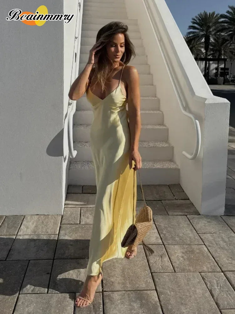 Elegante canotta tinta unita abito lungo slim fit donna moda splicing abiti stringati pieghettati gonna da spiaggia chic per le vacanze da donna