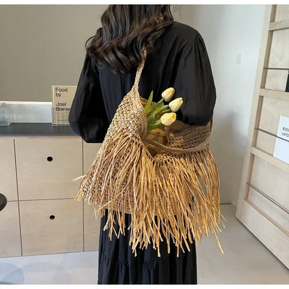 Borse a tracolla da donna in tessuto con nappe casual Borse da donna con frange fatte a mano Borsa tote grande da spiaggia estiva Borsa shopper grande per le vacanze