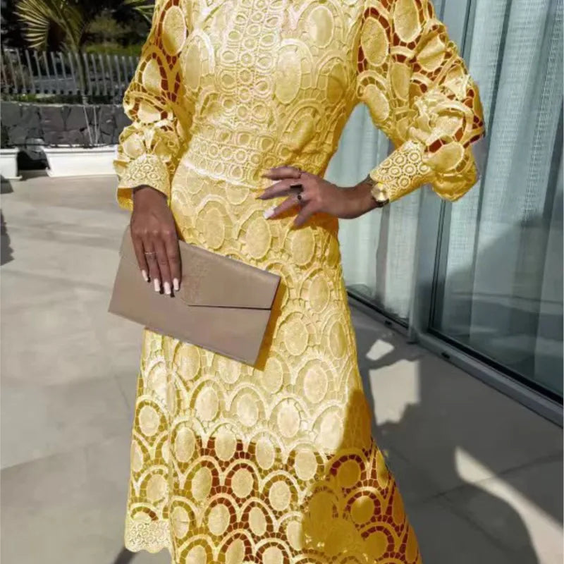 Abito lungo con maniche a sbuffo in pizzo da donna 2025 Primavera elegante nuovi abiti slim a vita alta con colletto alla coreana alla moda