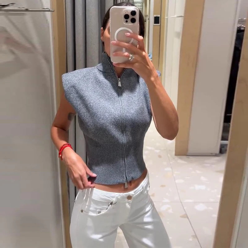 Cardigan in maglia da donna senza maniche con spalline imbottite, collo alto a metà, doppia cerniera, corto, aderente, tinta unita, top di tendenza per la strada
