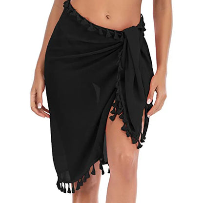 Copricostume da bagno per donna Sarong Beach Bikini Wrap Sheer gonna corta sciarpa per costumi da bagno con nappa