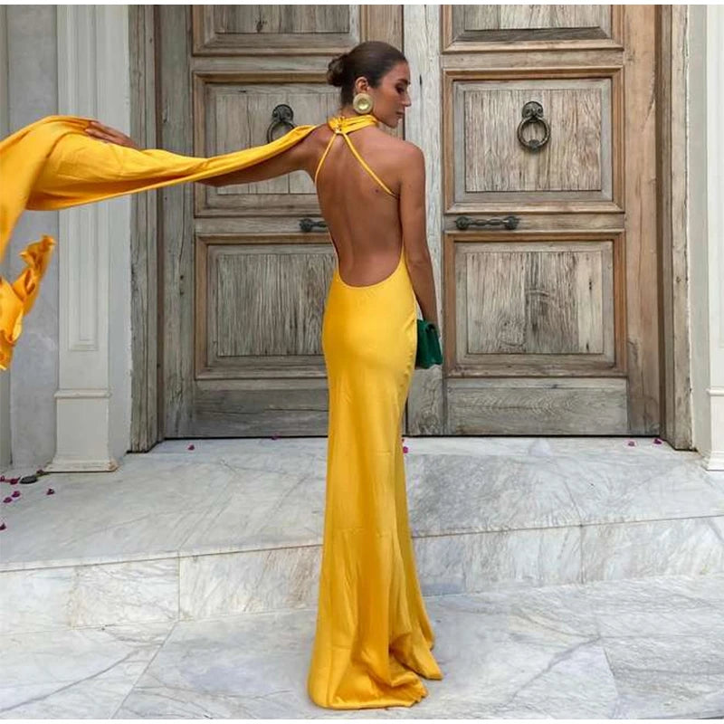 Elegante Abito Lungo da Festa in Raso con Nastro, Vestito Femminile Senza Maniche con Schiena Scoperta, Abiti Chic da Sera Primavera-Estate 2026