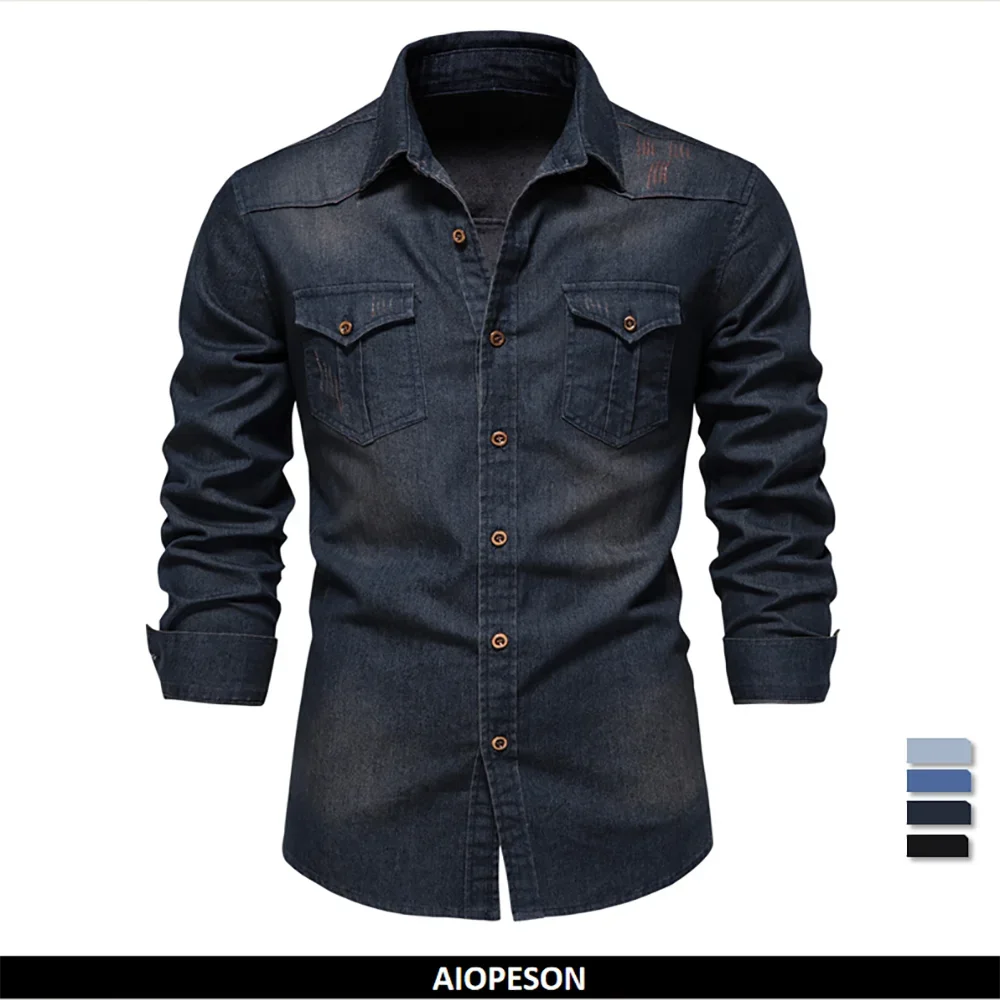 Camicia da uomo in denim di cotone elastico di marca AIOPESON Camicie da cowboy di qualità a maniche lunghe per uomo Abbigliamento casual da uomo slim fit