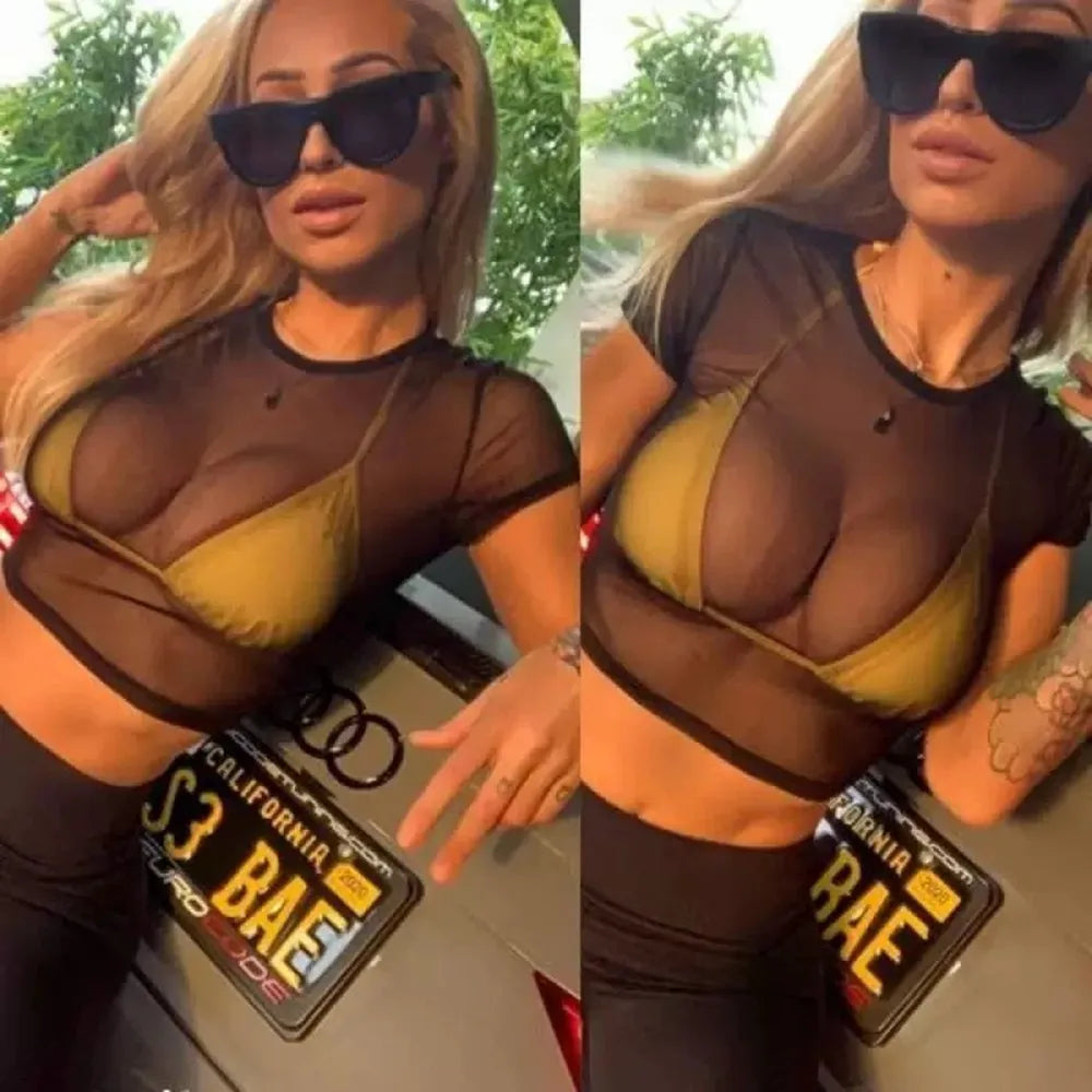 Hauts de maillot de bain d'été pour femmes, sexy, bikini, maille, t-shirt court, vêtements de plage, hauts courts serrés, t-shirt noir, blanc, chemisier Y2K