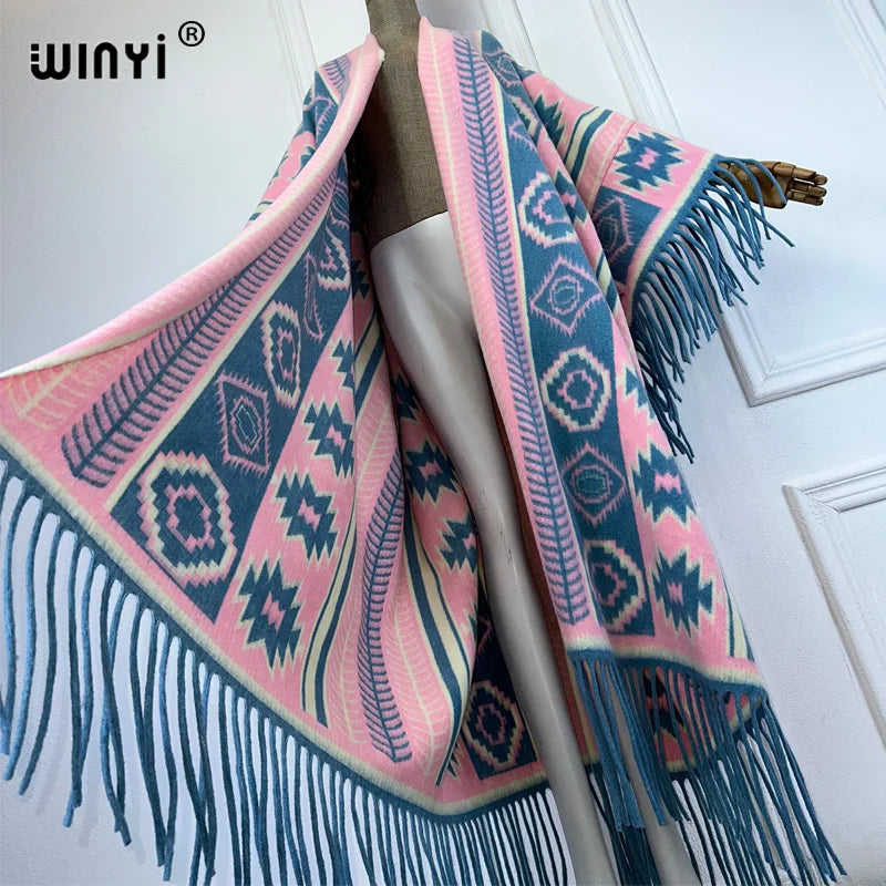 WINYI Inverno Donna Cardigan con frange stampa abaya dubai Cappotto di lusso Cappotto allentato Spessore caldo Capispalla femminile lungo piumino