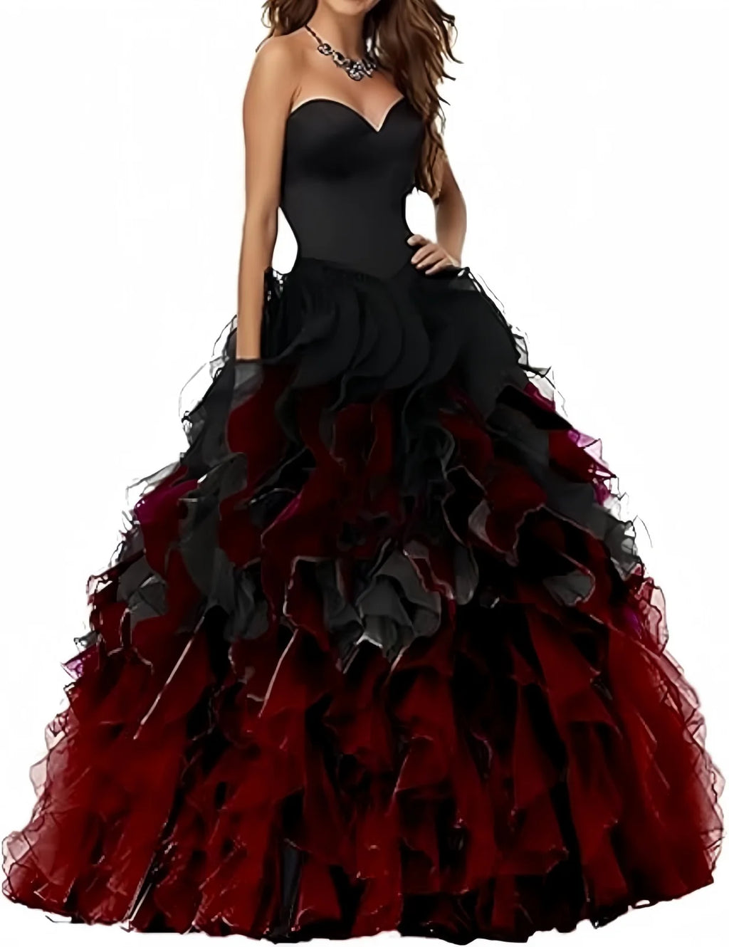 Abito Quinceanera in organza senza spalline con volant Abiti da ballo Abito da ballo lungo gonfio con scollo a cuore Ombre Abito da cocktail da sposa