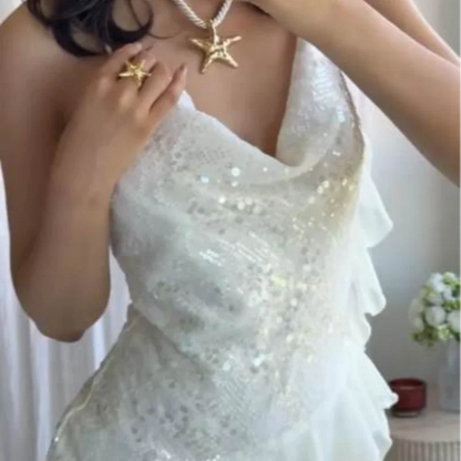 Sexy paillettes volant mini abito fionda donna solido scollo a V senza maniche backless abiti a trapezio 2025 estate signora chic abiti da festa