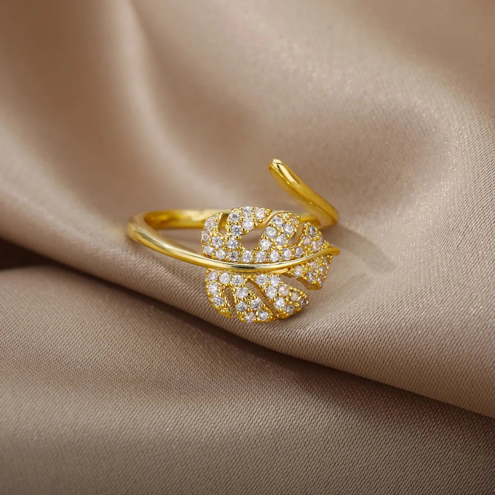 Anelli aperti a forma di foglia di palma di moda per le donne Anello da dito regolabile con zirconi color oro Regalo di gioielli per feste coreane per ragazze