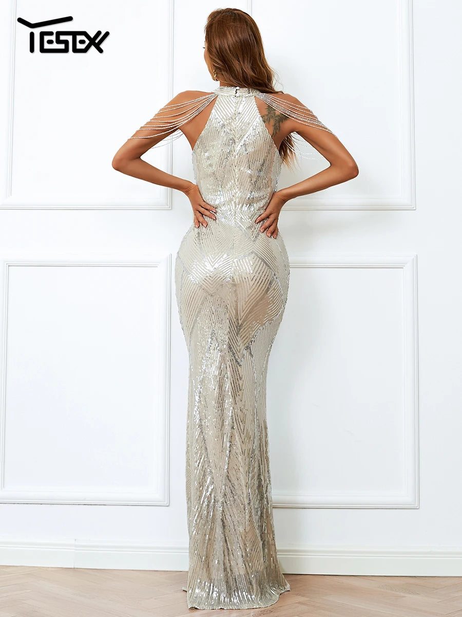 Yesexy New Robe Summer Dress Women Party Sexy Halter paillettes Beaded Maxi Elegant Evening Vestidos Bodycon Long Dresses