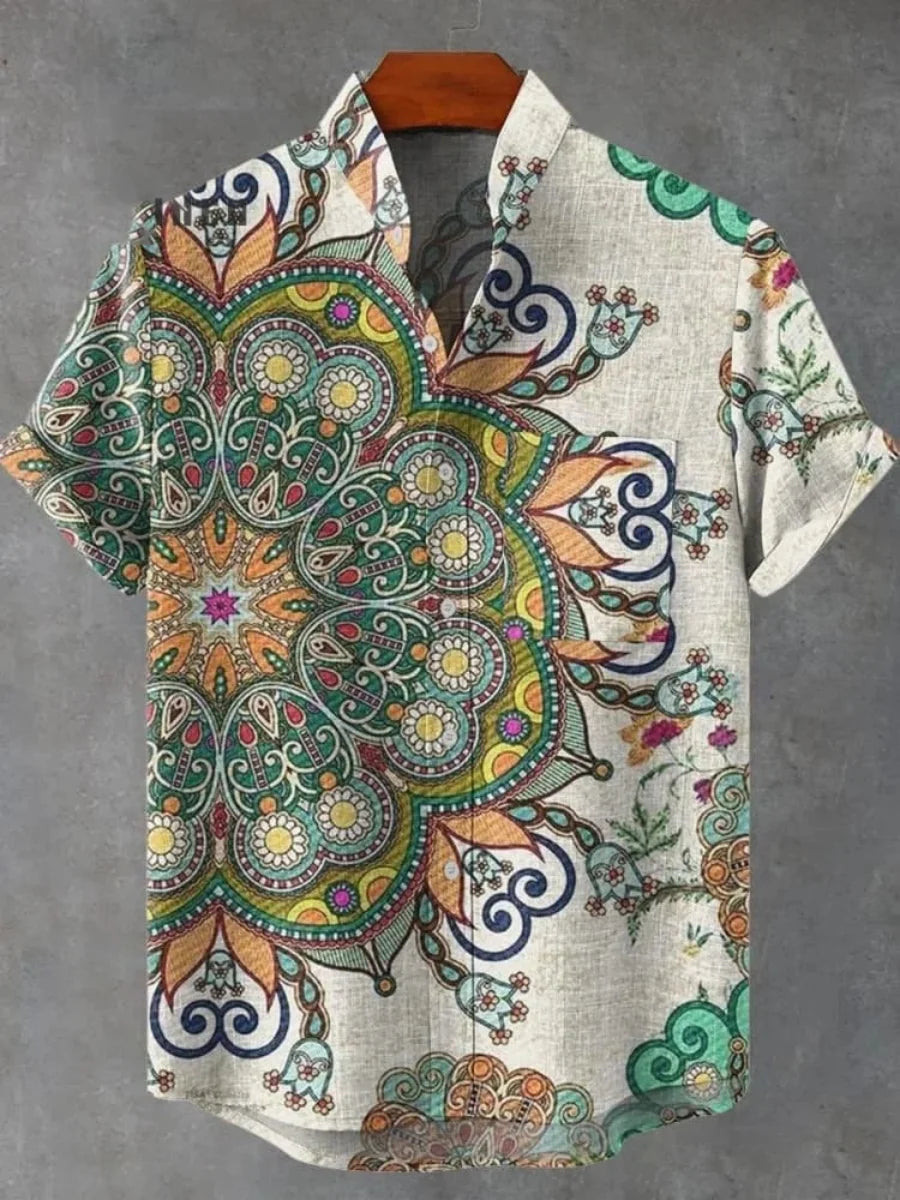 2025 Camicia a maniche corte con motivo floreale mandala da uomo Camicia estiva vintage nuova in lino Manica corta da uomo per il tempo libero Vacanza Streetwea