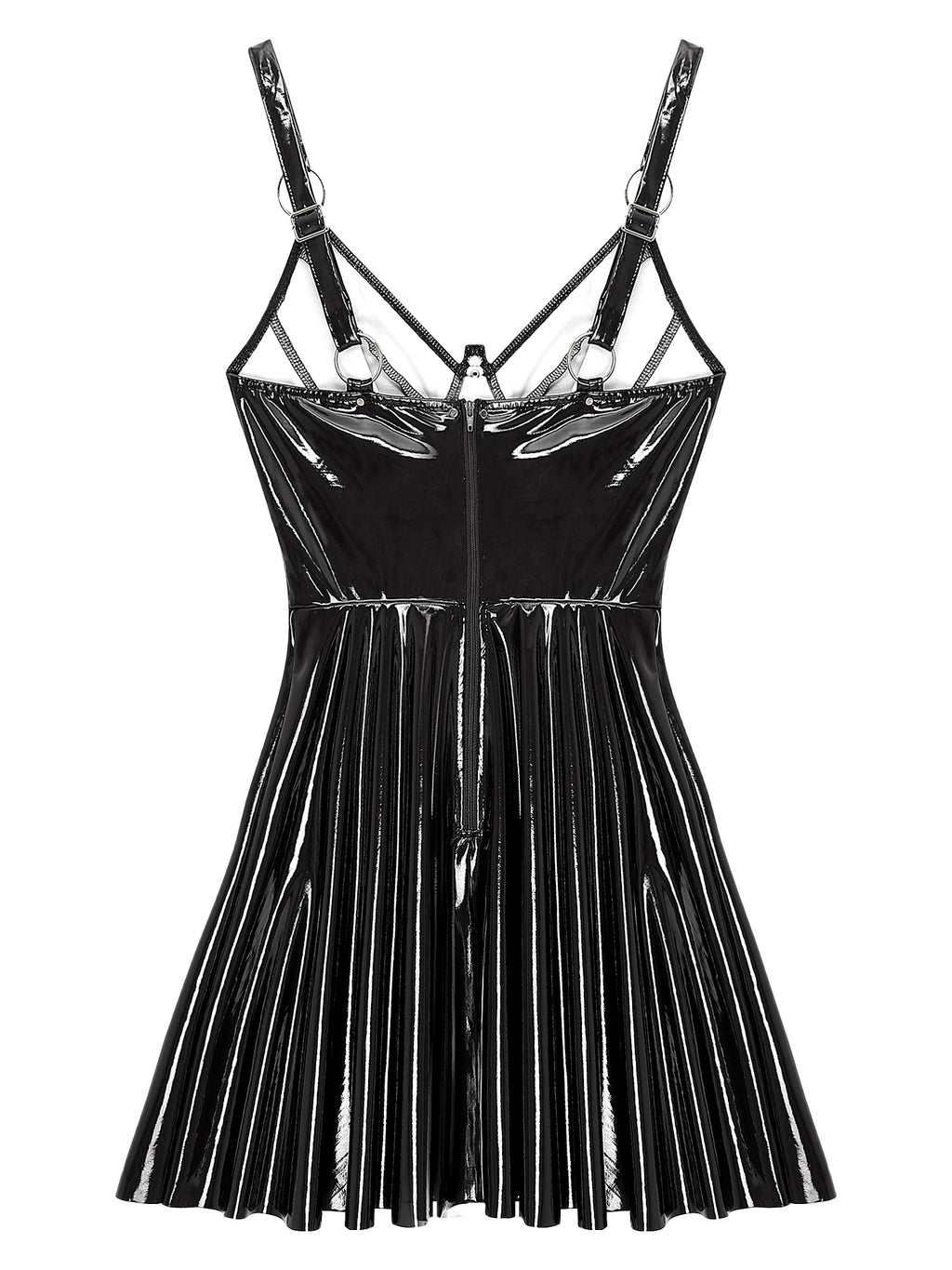 Abito sottoveste in pelle verniciata Sexy effetto bagnato da donna O-Ring rivetti con spalline scollo a V Punk gotico a-line Mini abiti Rave Party Clubwear