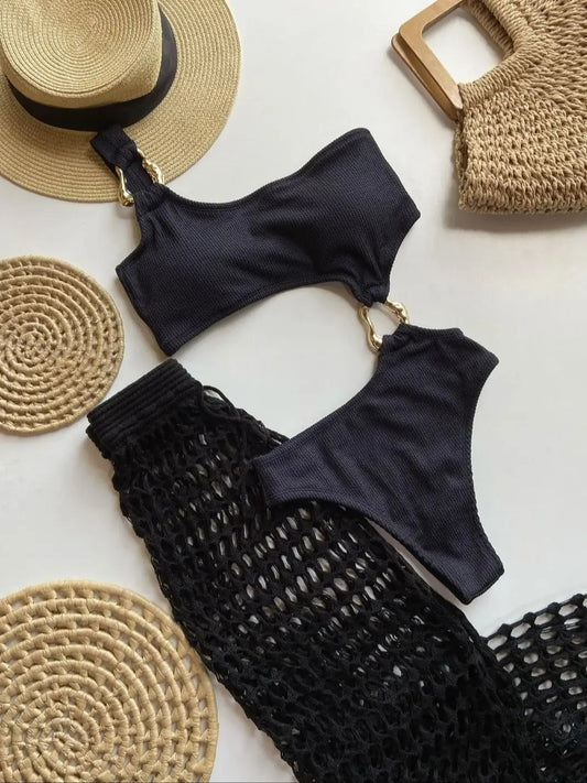 Maillot de bain une pièce pour femme, découpe anneau, coupe haute, coupe effrontée, monokini, maillot de bain une épaule côtelé