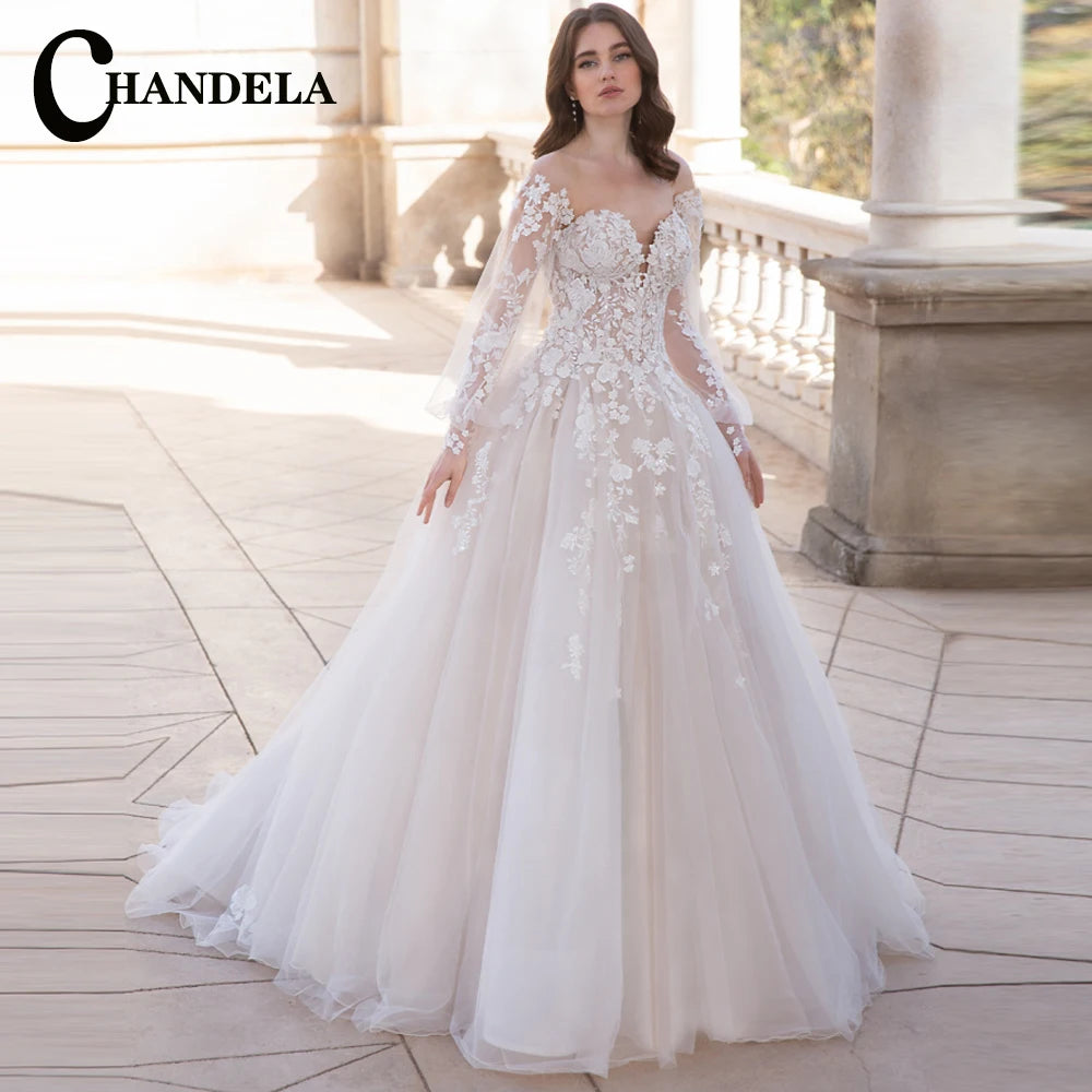 CHANDELA Abiti da sposa a tromba alla moda per le donne Sposa Applicazioni in pizzo con spalle scoperte Allacciatura Sweep Train Personalizzato