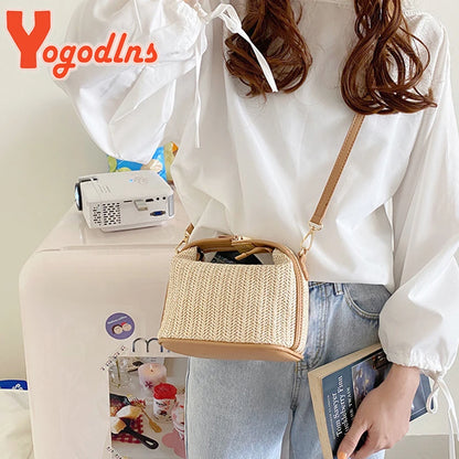 Yogodlns Borsa estiva piccola in paglia Borsa a tracolla alla moda Borsa a tracolla a secchiello intrecciata Borsa da spiaggia casual al mare Borsa con manico per ragazze