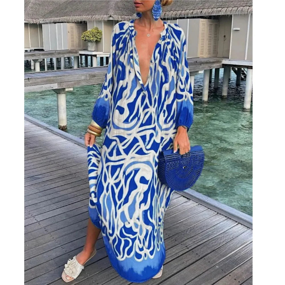 Abiti da donna eleganti 2023 Estate Casual Moda Stampa con scollo a V Allentato Retro Comodo abito maxi Abito femminile S-XXXL