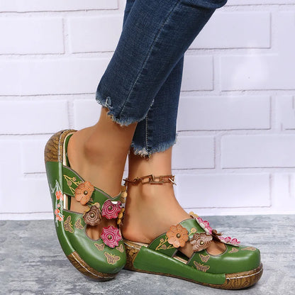 Damen-Sommersandalen mit Blumen im Ethno-Stil, Retro-Plateau-Hausschuhe, handgefertigt, bequem zum Gehen
