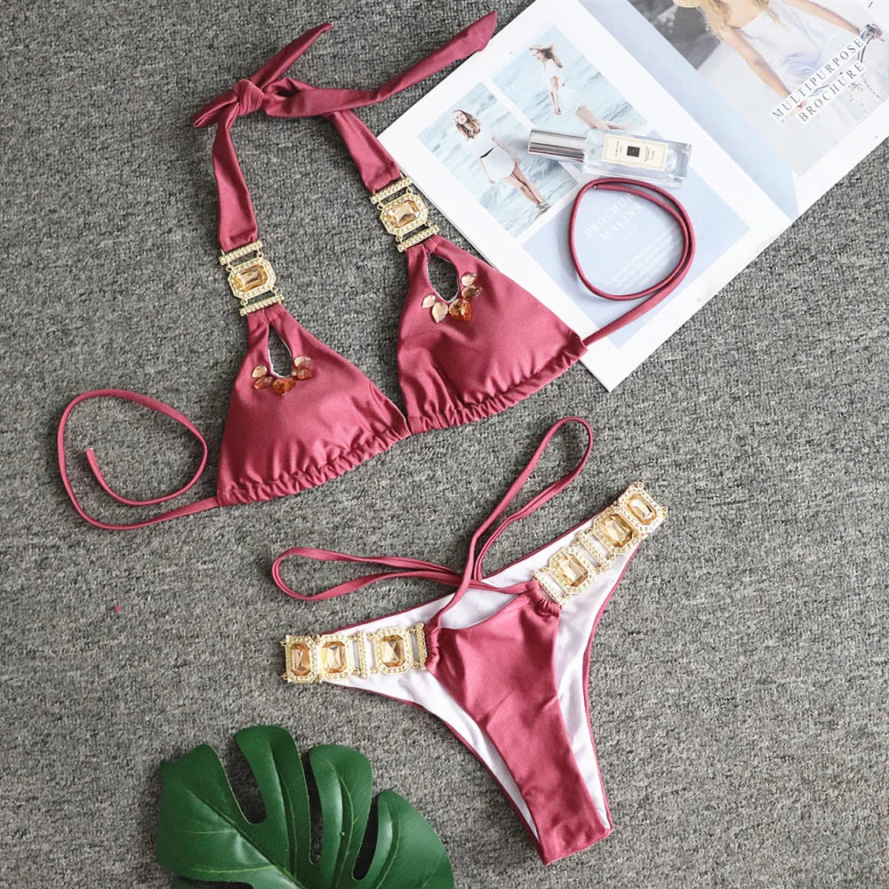 nuovo costume da bagno in due pezzi con strass 2026 cristallo di lusso perizoma Sexy perizoma Bikini Set costumi da bagno da donna costume da bagno Sexy da spiaggia