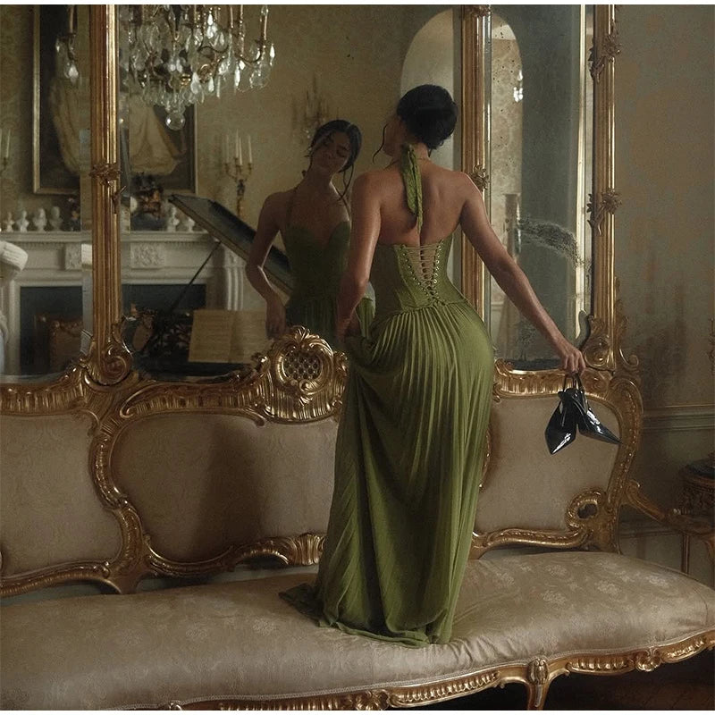 Chic Green Fishbone Halter Abito lungo Lady Solid Sexy Backless Pieghettato Off-spalla Abiti a trapezio 2025 nuovo abito da festa di Natale