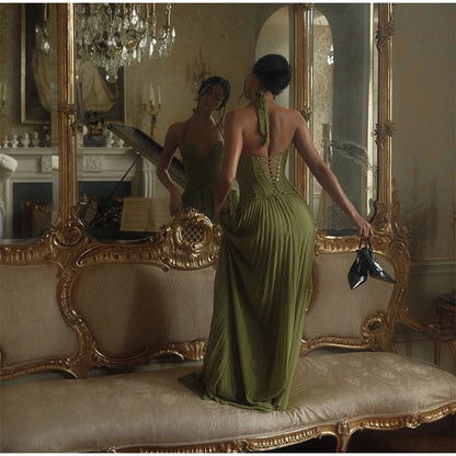 Chic Green Fishbone Halter Abito lungo Lady Solid Sexy Backless Pieghettato Off-spalla Abiti a trapezio 2025 nuovo abito da festa di Natale