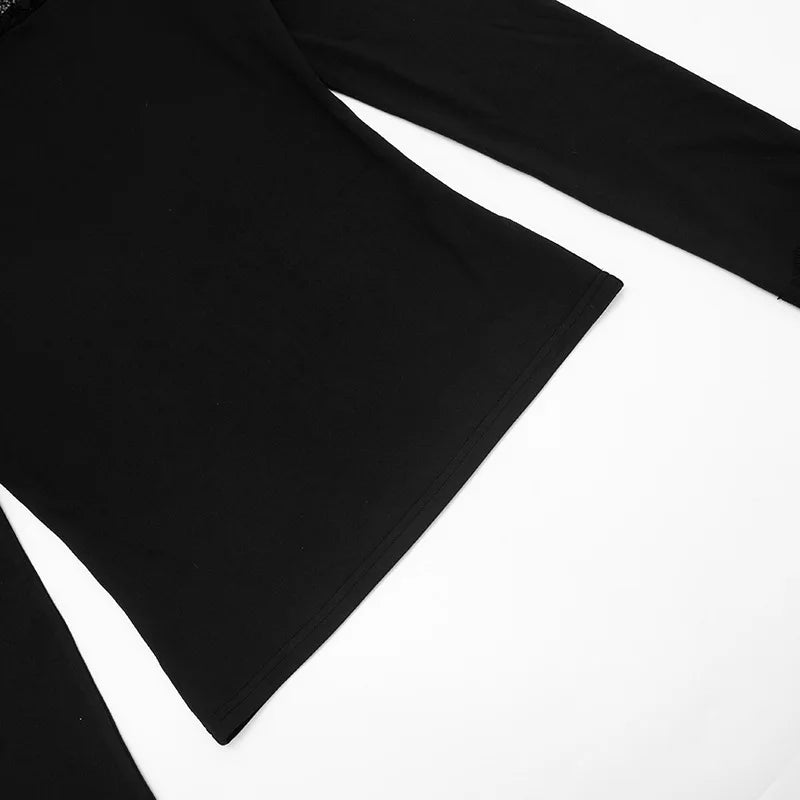 Top da donna con giunture in pizzo asimmetrico, moda casual, top autunnale, stile europeo americano, vita scoperta