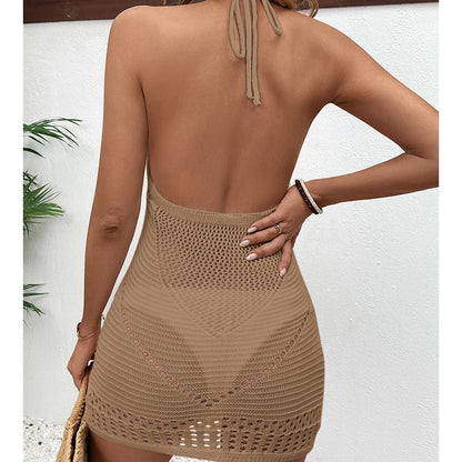 Nuovo stile sexy backless tie up halter vestito lavorato a maglia scava fuori costume da bagno cover up donne vacanza al mare colletto a U protezione solare vestito