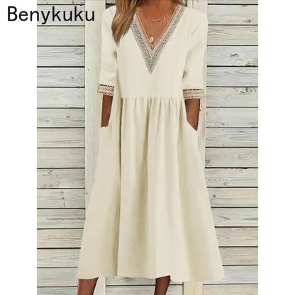 Abito Estivo da Donna 2026 Nuovo in Cotone e Lino a Mezza Manica con Scollo a V, Vestito Casual Chic Vintage con Inserti, Vestito Midi Ampio
