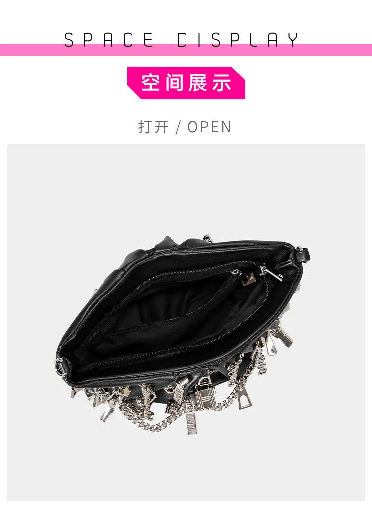 Borsa per ascelle con gnocchi increspato stile punk 2025 Borse a tracolla da donna con decorazione per la testa con cerniera multipla Borse Y2K per ragazza piccante