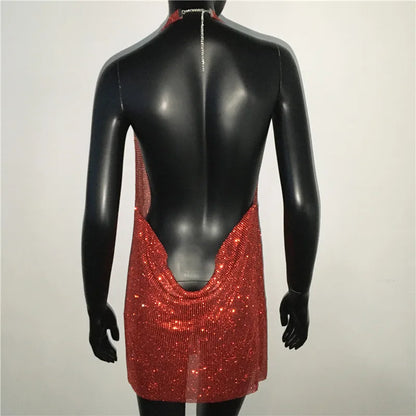 Mini abito sexy con scollo a V senza schienale per le donne Abiti da sera da club per feste con strass lucidi con scollo all'americana e spacco laterale