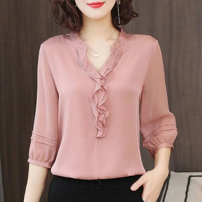Camicia da donna primaverile ed estiva, scollo a V con maniche a tre quarti, vestibilità ampia e aderente, top con volant, DF3732
