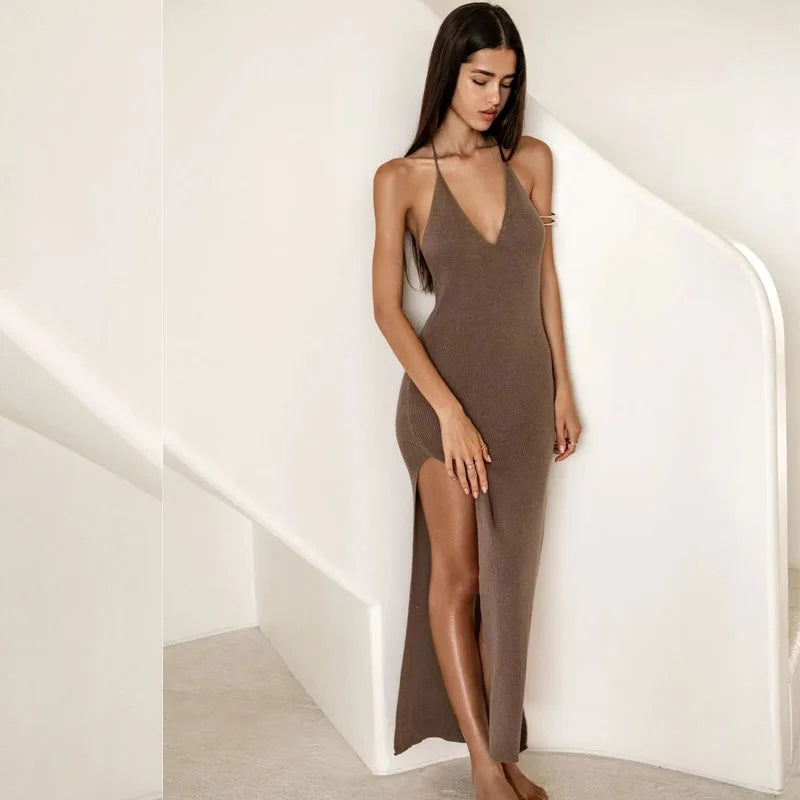Robe de plage d'été fendue, couleur unie, robe de vacances, sexy, en maille, dos nu, robe licou, élégante, sans manches, moulante, à nouer