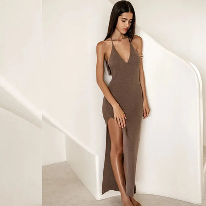 Robe de plage d'été fendue, couleur unie, robe de vacances, sexy, en maille, dos nu, robe licou, élégante, sans manches, moulante, à nouer