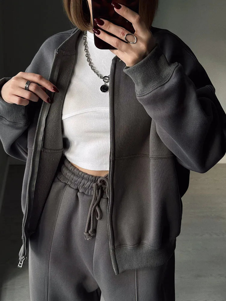 Abito caldo per le donne Pantaloni sportivi Set Inverno 2 pezzi Giacca e pantaloni in pile spesso con cerniera Set Tuta da donna in velluto per le donne