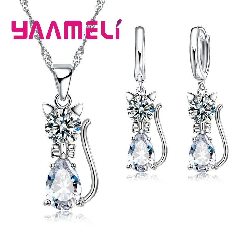 Set di gioielli in vero argento sterling 925 per donna ragazza brillante cristallo austriaco collana con ciondolo gatto carino orecchino Huggie