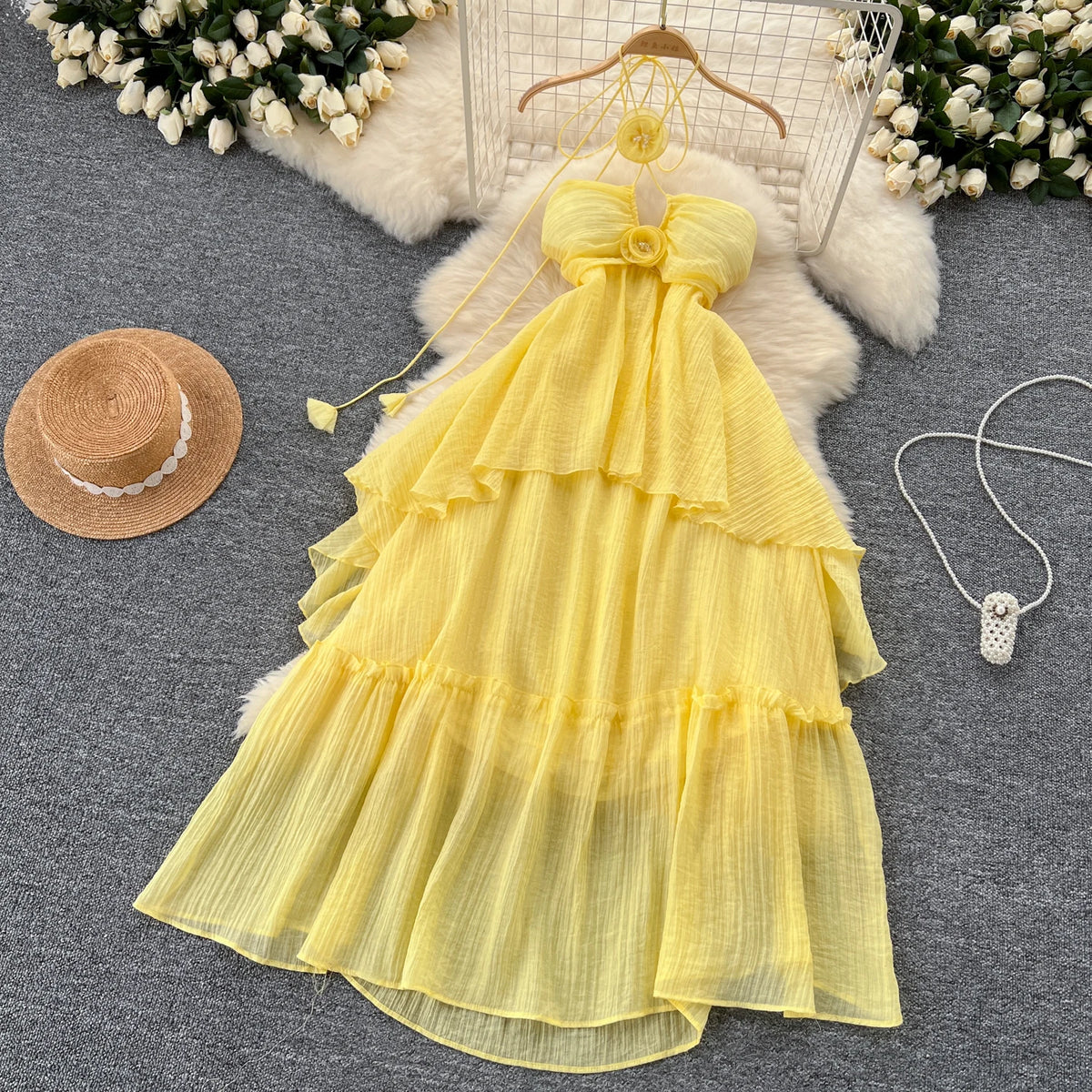 Elegante dolce vita alta scava fuori asimmetrico fiore tridimensionale abito halter vacanza sottile abiti estivi da festa per donna