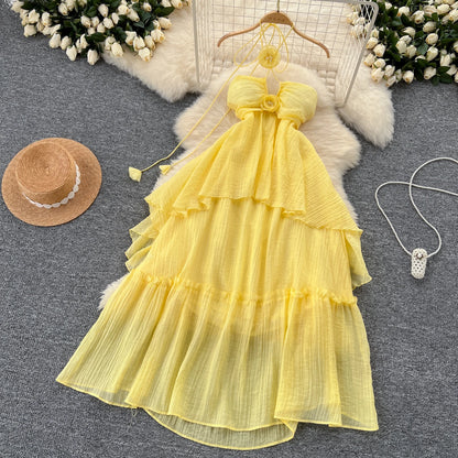 Elegante dolce vita alta scava fuori asimmetrico fiore tridimensionale abito halter vacanza sottile abiti estivi da festa per donna