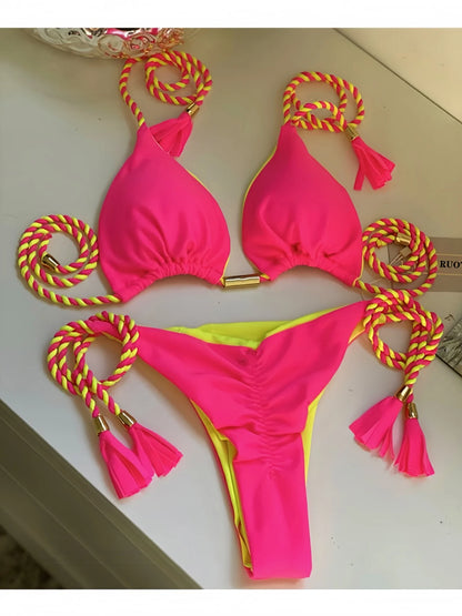 2025 Sexy einfarbiger Zweiteiler Triangel-Badeanzug Damen Bademode Flechtseil Bikini-Set Strand Badeanzug Brasilianische Biquinis