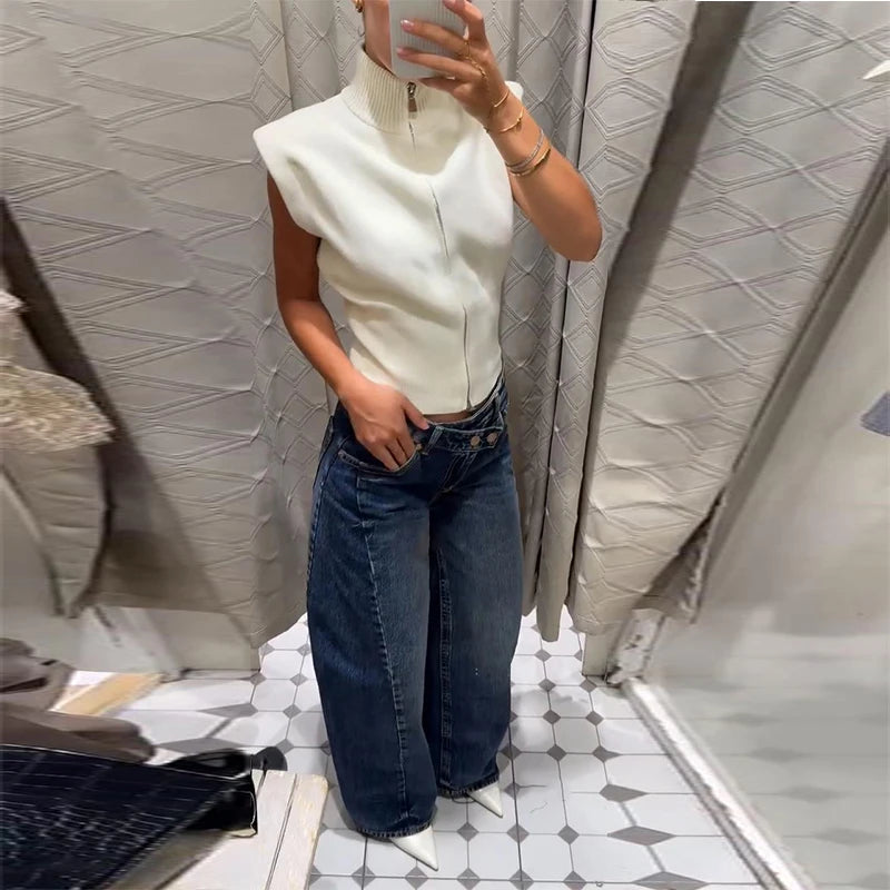 Cardigan in maglia da donna senza maniche con spalline imbottite, collo alto a metà, doppia cerniera, corto, aderente, tinta unita, top di tendenza per la strada