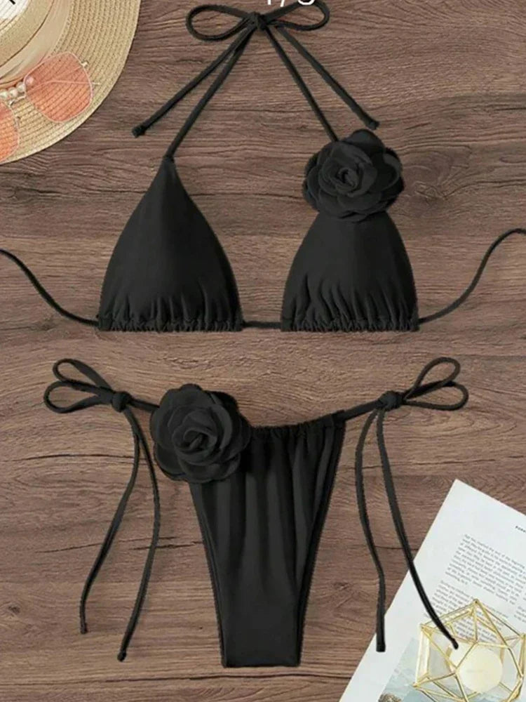 S - XL Sexy 3D Blumen Neckholder Träger Bikini Damen Bademode Weiblicher Badeanzug Zweiteiliges Bikini-Set Badeanzug