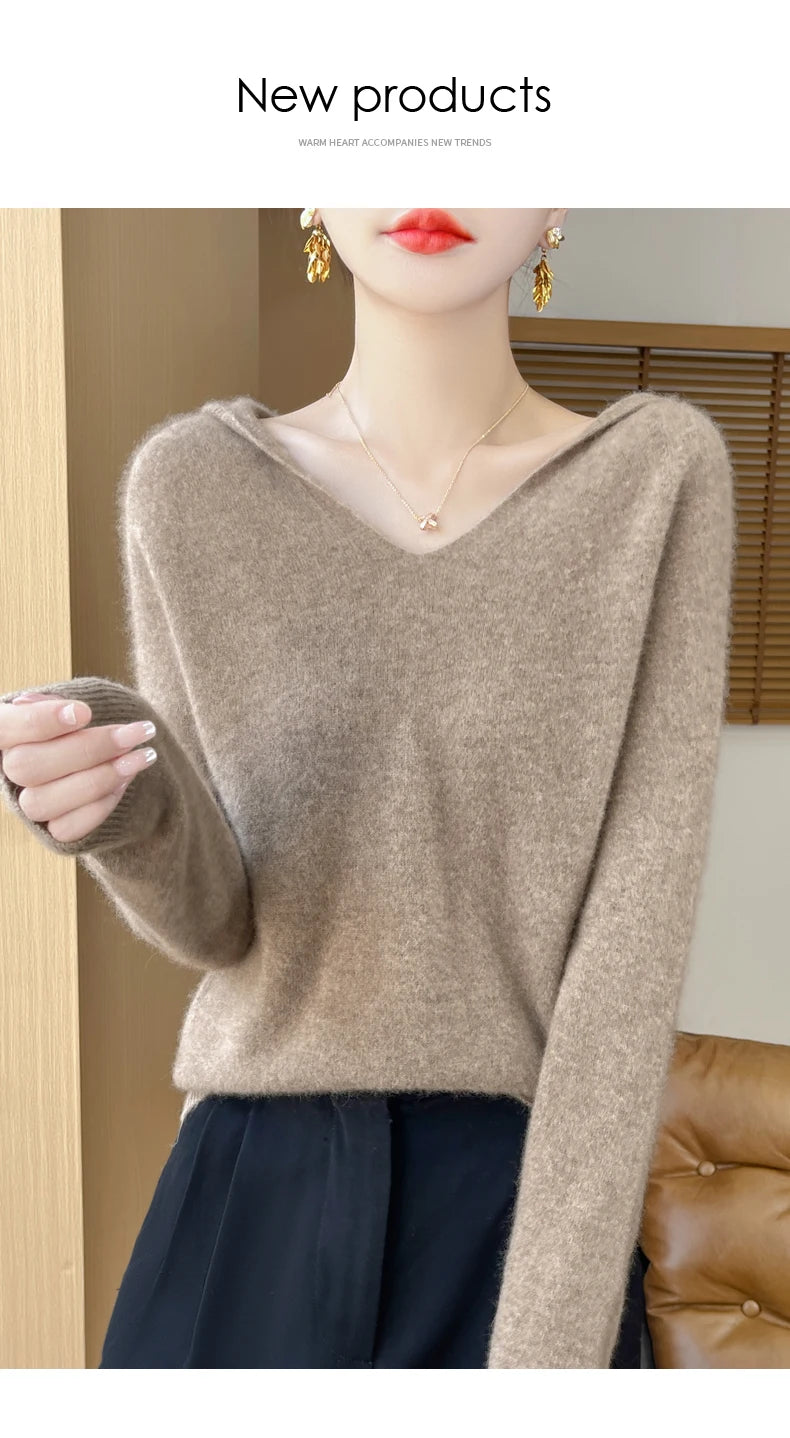 Abbigliamento donna autunno inverno colletto con cappuccio pullover maglione di lana merino 100% nuova moda top in cashmere che tocca il fondo maglieria morbida