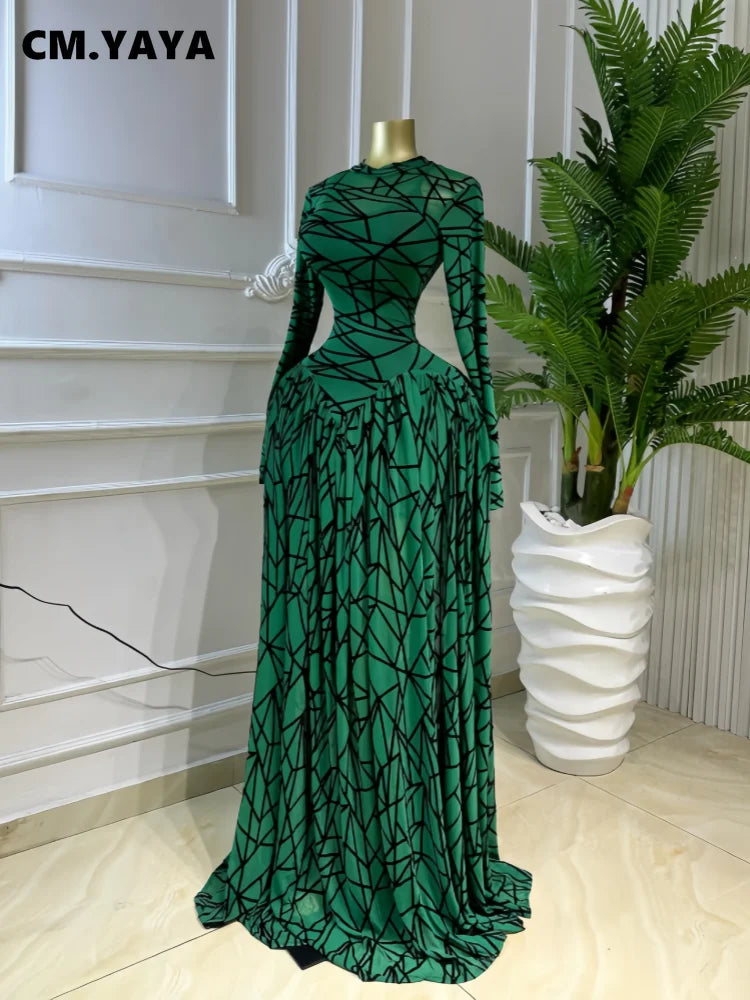 CM.YAYA Abito Lungo da Donna con Maniche Lunghe e Stampa, Collo Tondo, Vestito Maxi 2026 per Serate, Compleanni, Vacanze, Feste Sexy e Club