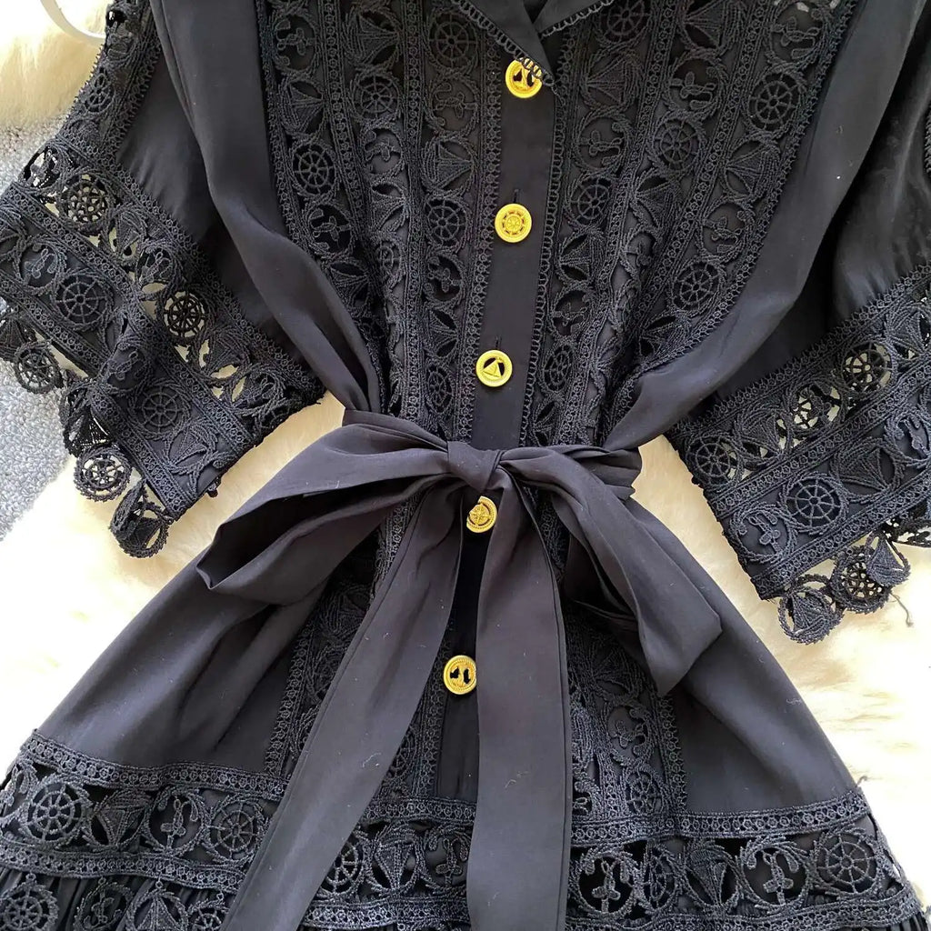 Abiti midi scavati di lusso Camicia da donna Vacanza estiva Elegante bottone monopetto Cintura in pizzo Ricamo Vestido lungo da festa