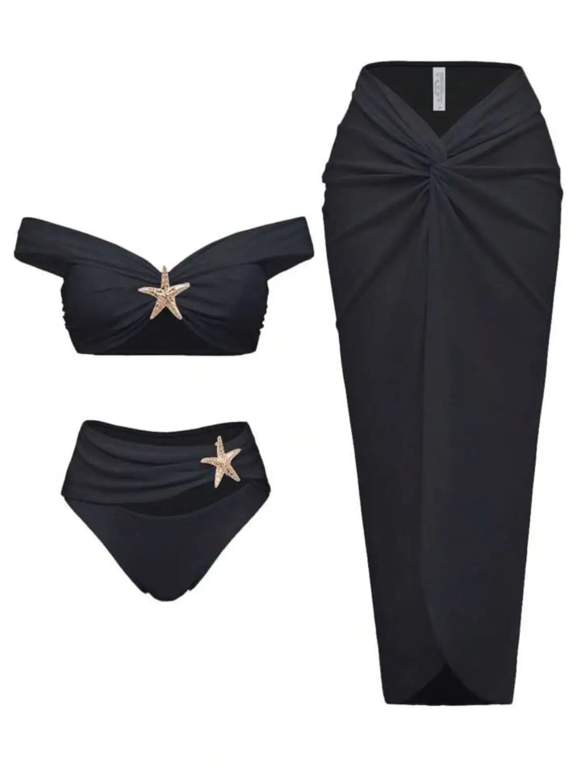 Damen Sexy Bikini Set Beachwear Metallic Seestern Bikini Falten Lange Röcke Dreiteilige Sets Hot Girl Urlaubsstil Badeanzug