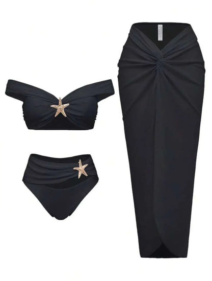 Damen Sexy Bikini Set Beachwear Metallic Seestern Bikini Falten Lange Röcke Dreiteilige Sets Hot Girl Urlaubsstil Badeanzug